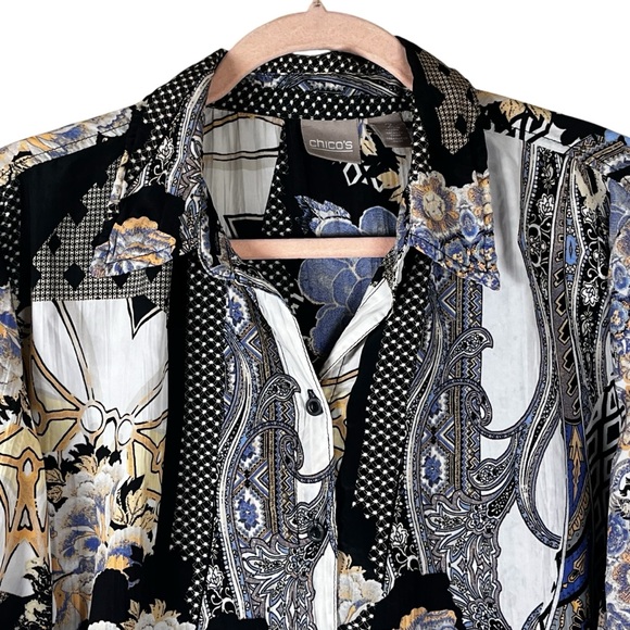 Chico's Women's Printed Crinkle Button-Down Blouse Multicolor Size L Career - Picture 3 of 8